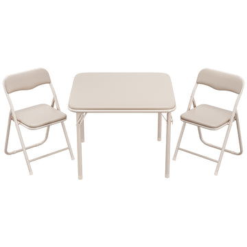 Garvee Boys and Girls Folding Table and Chairs Set of 3, Portable Table and Chair with PU Soft Cushion, Suitable for Eating, Reading and Playing, Beige