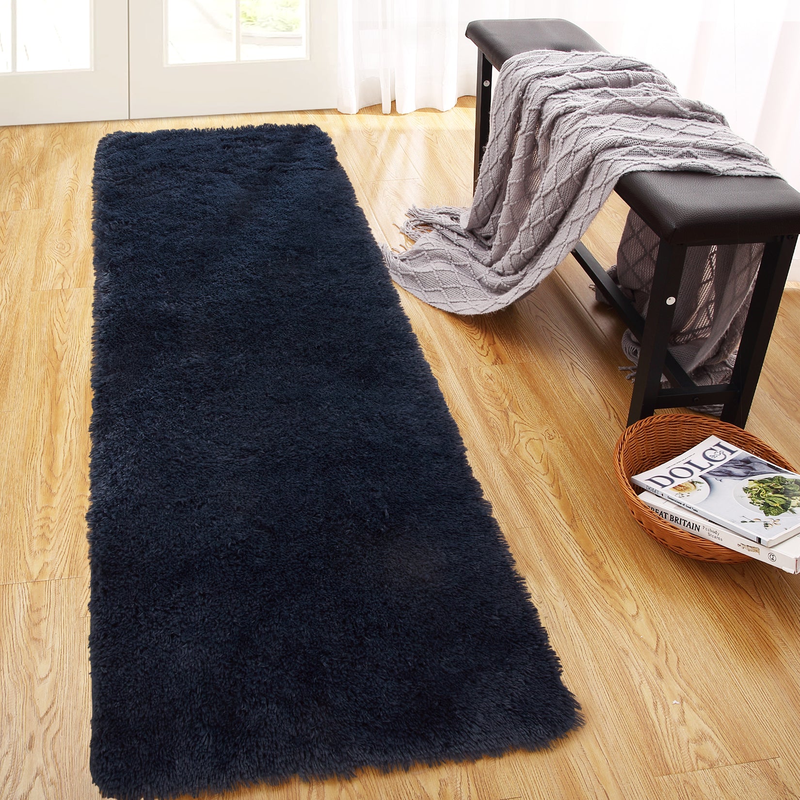 Garvee Fluffy & Sheepskin Pure Navy Blue 2x8 Shaggy Plush Rug, Non-Slip Furry for Bedroom Living Room