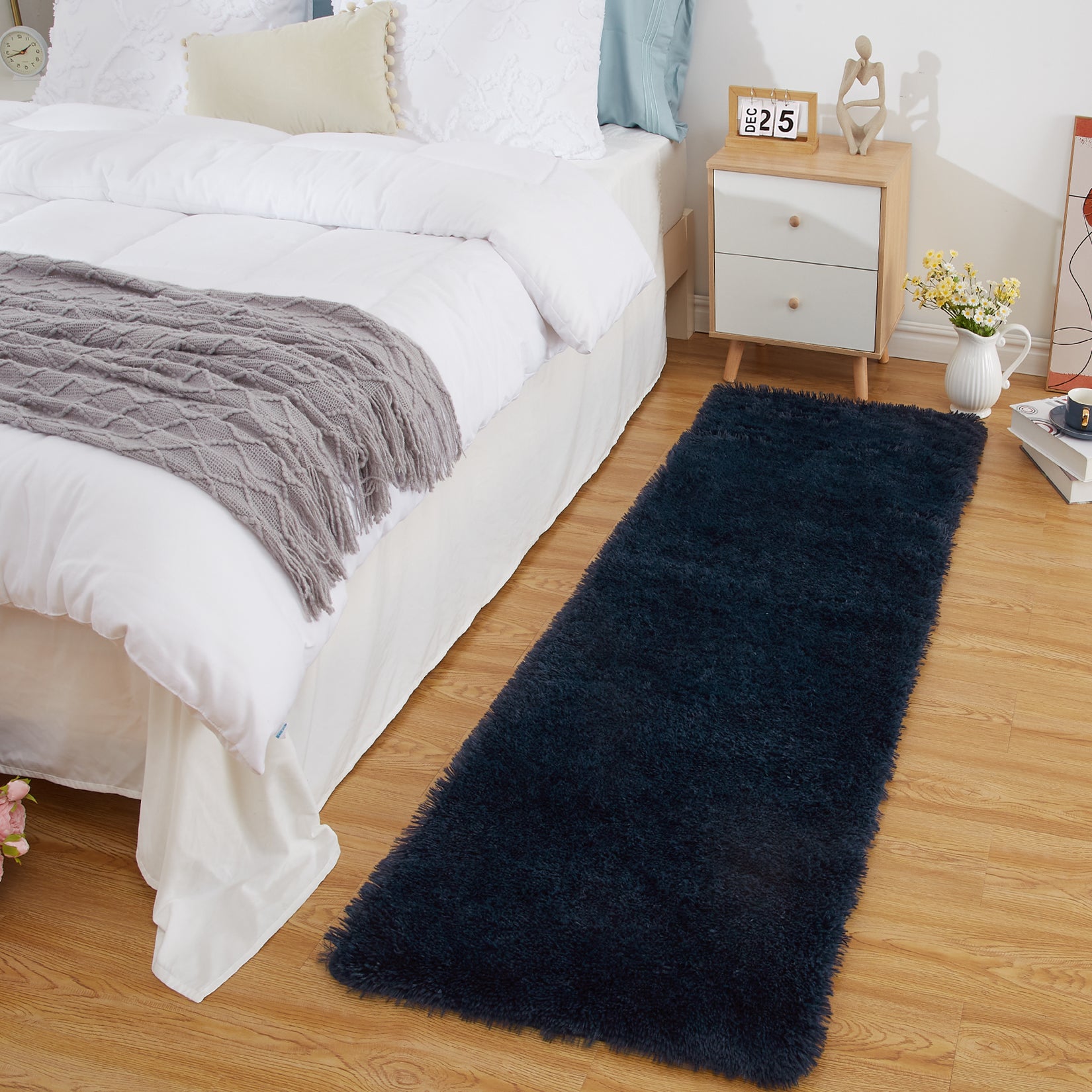 Garvee Fluffy & Sheepskin Pure Navy Blue 2x8 Shaggy Plush Rug, Non-Slip Furry for Bedroom Living Room