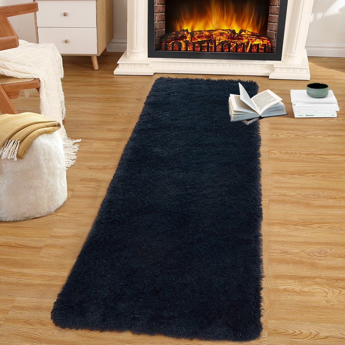 Garvee Fluffy & Sheepskin Pure Navy Blue 2x8 Shaggy Plush Rug, Non-Slip Furry for Bedroom Living Room