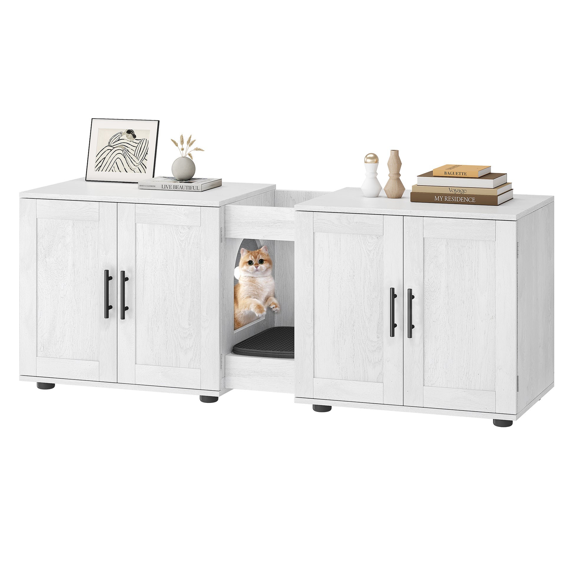 Garvee Litter Box Enclosure with Double Room, Hidden Cat Litter Box Cabinet Furniture for 2 Cats with Storage Groove & Odor-Reducing Mat, Wooden Enclosed Cat House for Home Apartment, White
