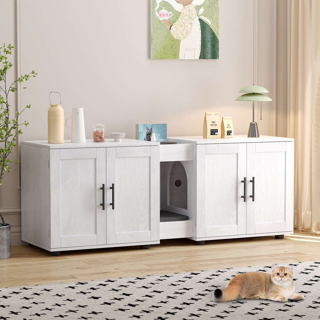 Garvee Litter Box Enclosure with Double Room, Hidden Cat Litter Box Cabinet Furniture for 2 Cats with Storage Groove & Odor-Reducing Mat, Wooden Enclosed Cat House for Home Apartment, White