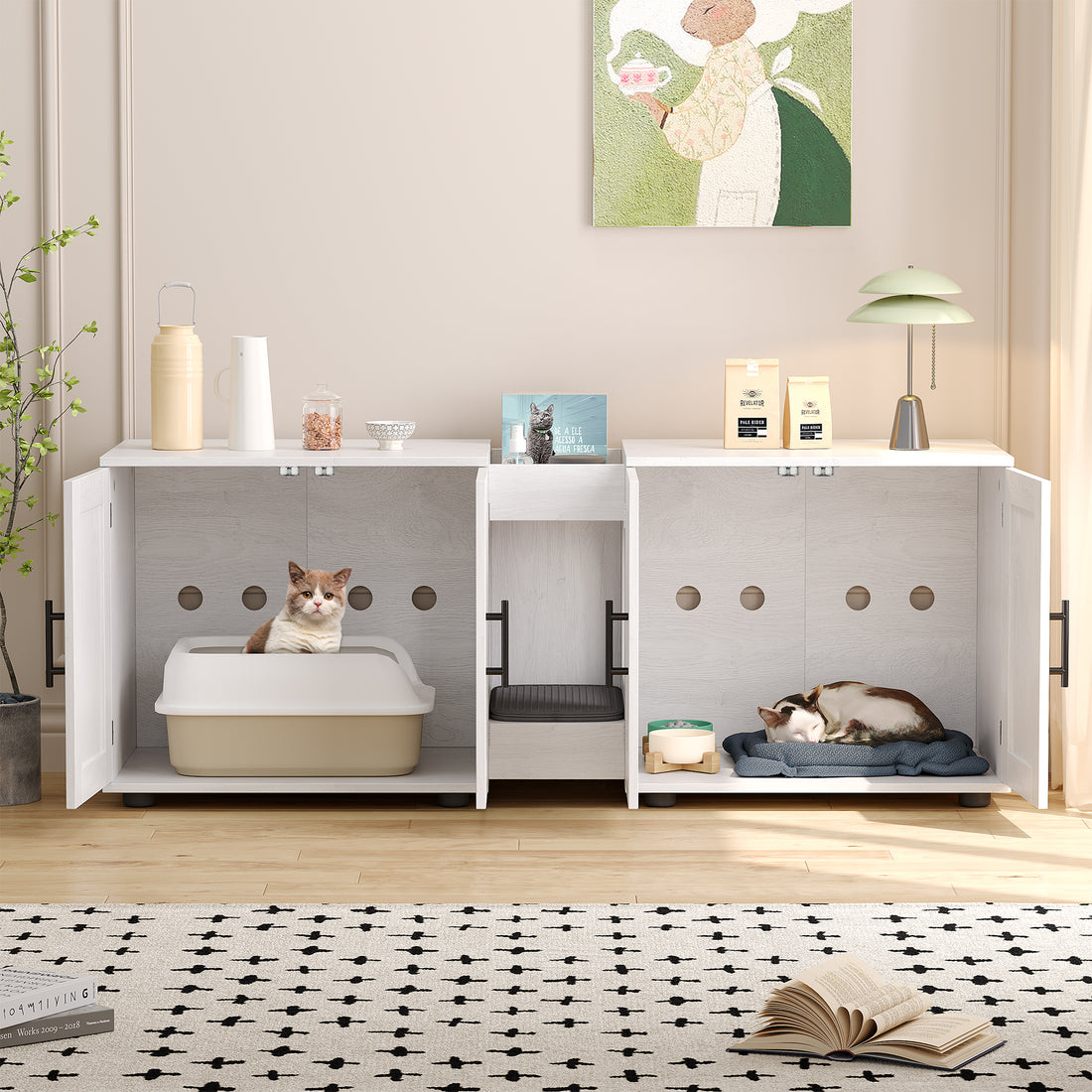 Garvee Litter Box Enclosure with Double Room, Hidden Cat Litter Box Cabinet Furniture for 2 Cats with Storage Groove & Odor-Reducing Mat, Wooden Enclosed Cat House for Home Apartment, White