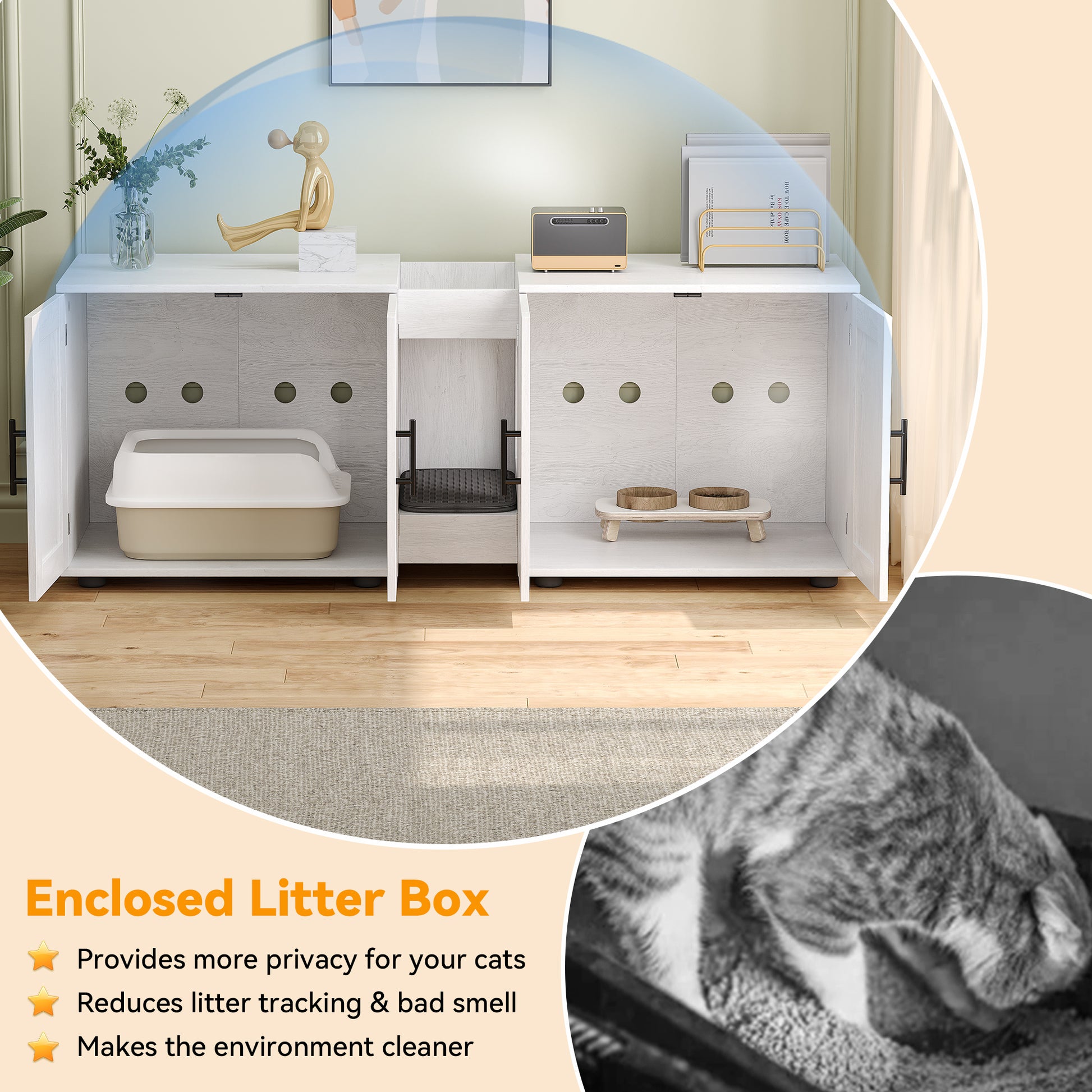 Garvee Litter Box Enclosure with Double Room, Hidden Cat Litter Box Cabinet Furniture for 2 Cats with Storage Groove & Odor-Reducing Mat, Wooden Enclosed Cat House for Home Apartment, White