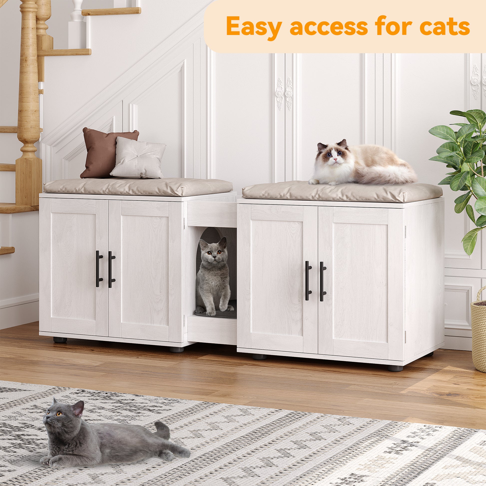 Garvee Litter Box Enclosure with Double Room, Hidden Cat Litter Box Cabinet Furniture for 2 Cats with Storage Groove & Odor-Reducing Mat, Wooden Enclosed Cat House for Home Apartment, White