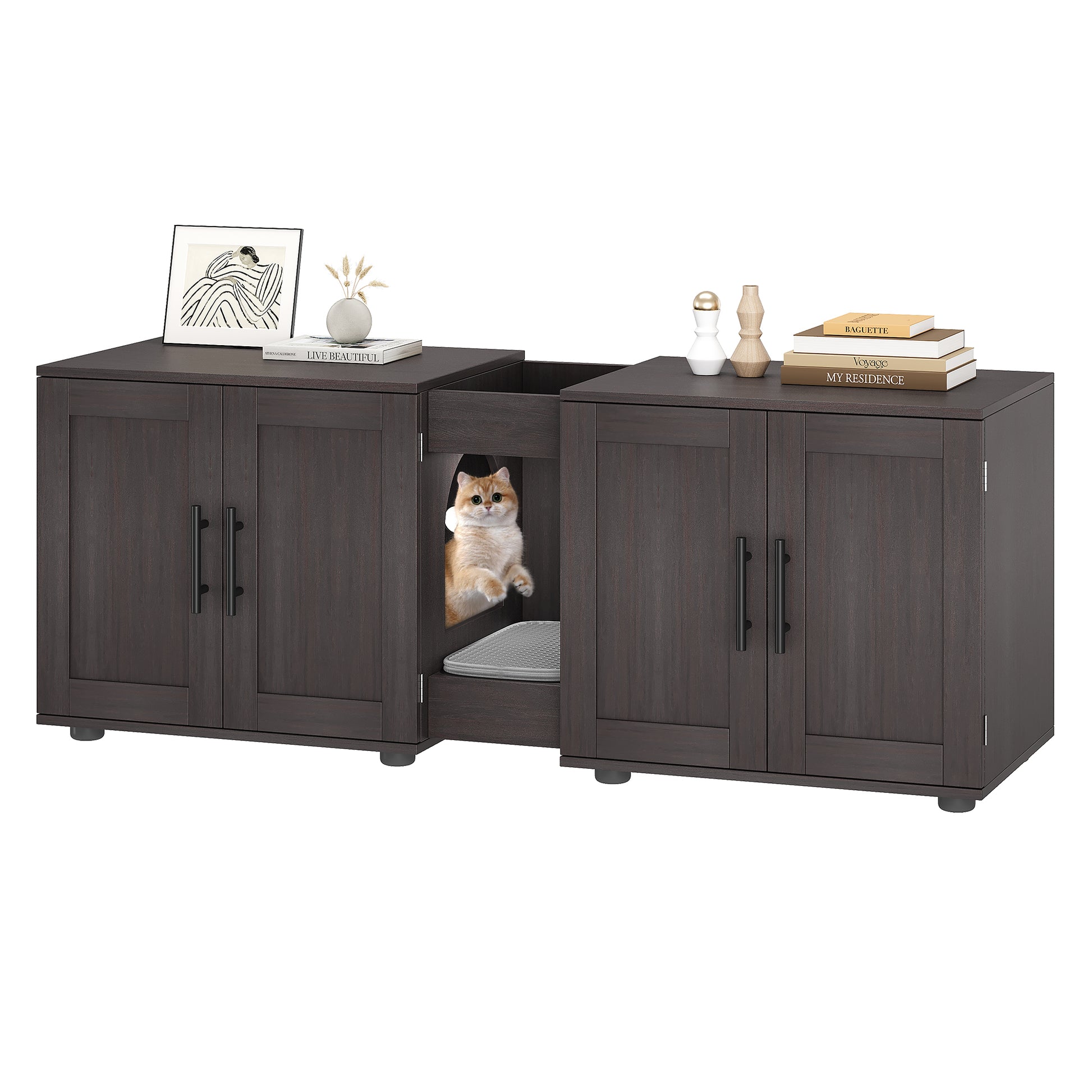 Garvee Litter Box Enclosure with Double Room, Hidden Cat Litter Box Cabinet Furniture for 2 Cats with Storage Groove & Odor-Reducing Mat, Wooden Enclosed Cat House for Home Apartment, Dark Walnut