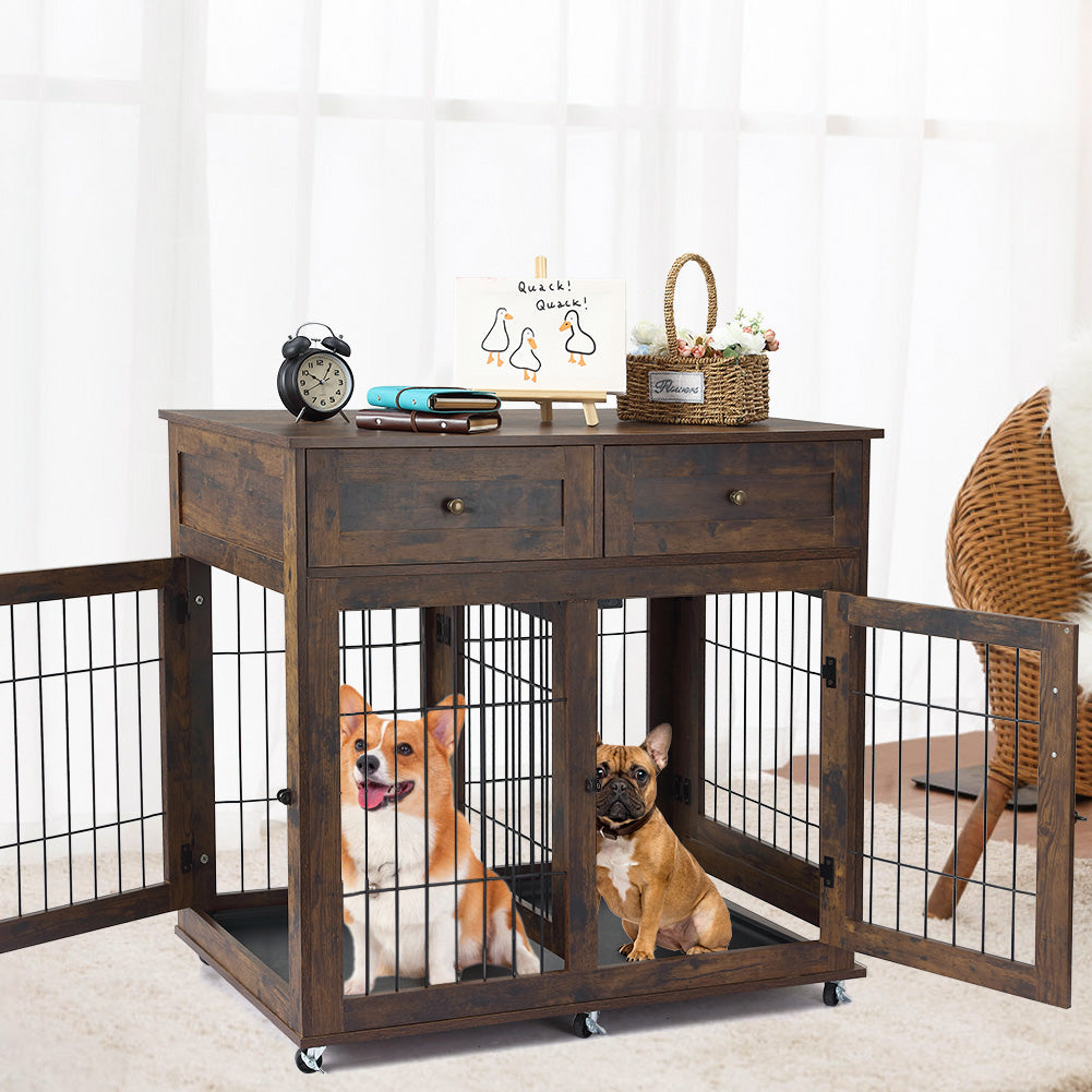 Garvee Dog Crate Furniture with 2 Drawers, Wooden Dog Kennel End Table with Divider and Removable Tray, Double Rooms Dog Cage for 2 Dogs, Brown