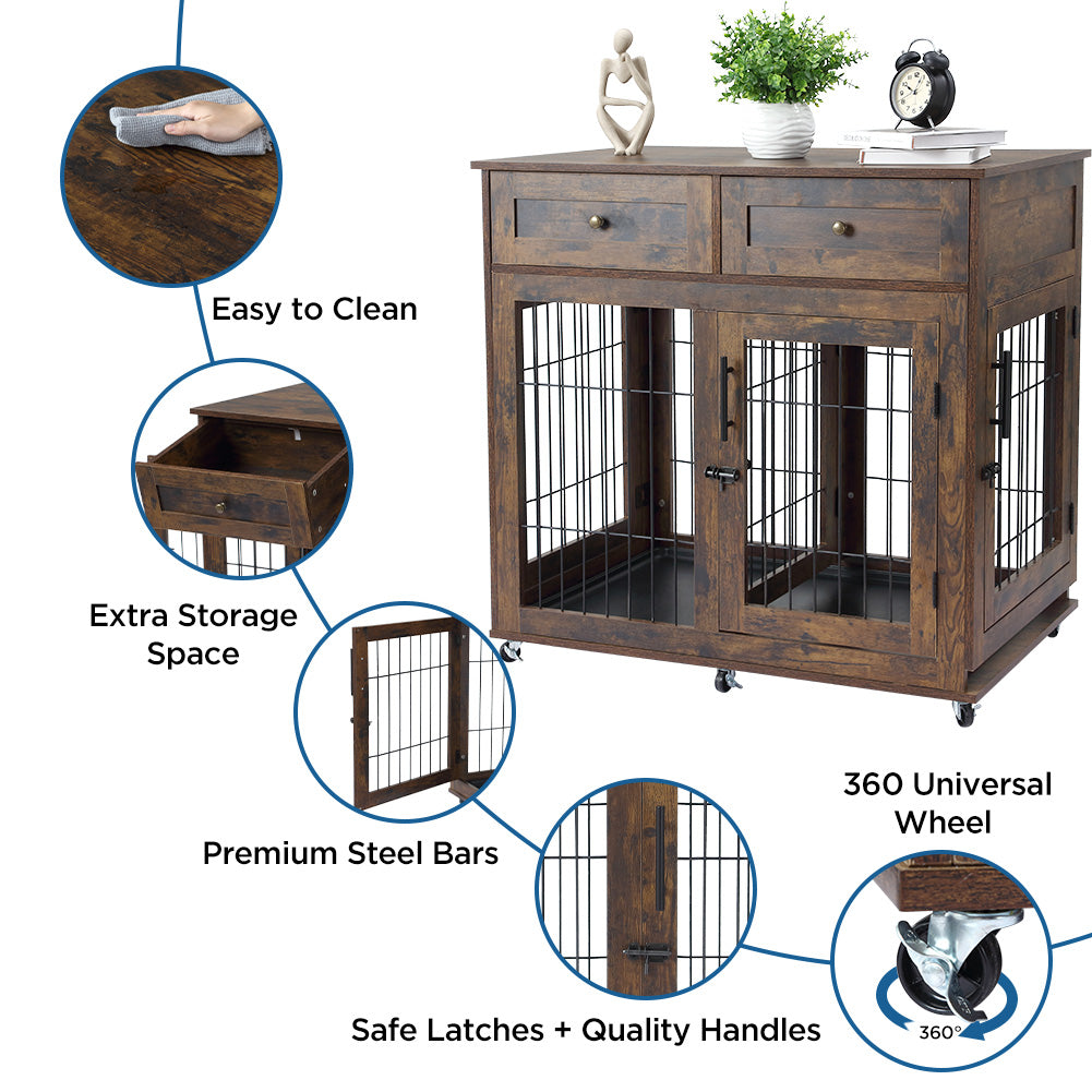 Garvee Dog Crate Furniture with 2 Drawers, Wooden Dog Kennel End Table with Divider and Removable Tray, Double Rooms Dog Cage for 2 Dogs, Brown