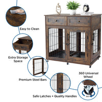 Garvee Dog Crate Furniture with 2 Drawers, Wooden Dog Kennel End Table with Divider and Removable Tray, Double Rooms Dog Cage for 2 Dogs, Brown