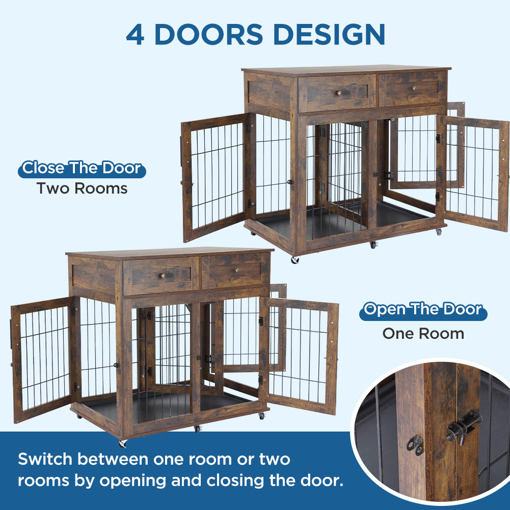 Garvee Dog Crate Furniture with 2 Drawers, Wooden Dog Kennel End Table with Divider and Removable Tray, Double Rooms Dog Cage for 2 Dogs, Brown