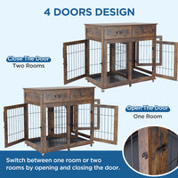 Garvee Dog Crate Furniture with 2 Drawers, Wooden Dog Kennel End Table with Divider and Removable Tray, Double Rooms Dog Cage for 2 Dogs, Brown