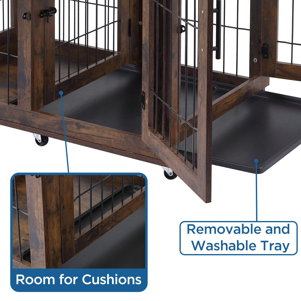 Garvee Dog Crate Furniture with 2 Drawers, Wooden Dog Kennel End Table with Divider and Removable Tray, Double Rooms Dog Cage for 2 Dogs, Brown