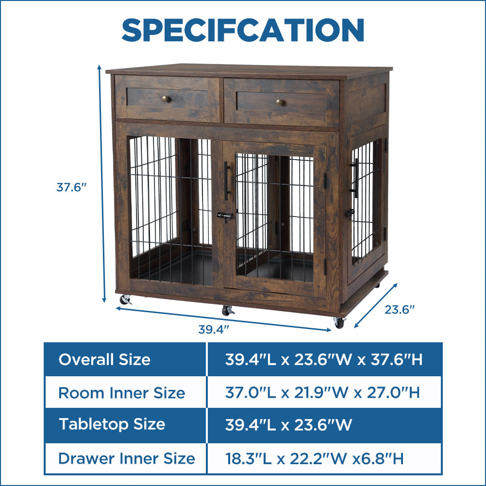 Garvee Dog Crate Furniture with 2 Drawers, Wooden Dog Kennel End Table with Divider and Removable Tray, Double Rooms Dog Cage for 2 Dogs, Brown