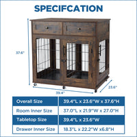 Garvee Dog Crate Furniture with 2 Drawers, Wooden Dog Kennel End Table with Divider and Removable Tray, Double Rooms Dog Cage for 2 Dogs, Brown