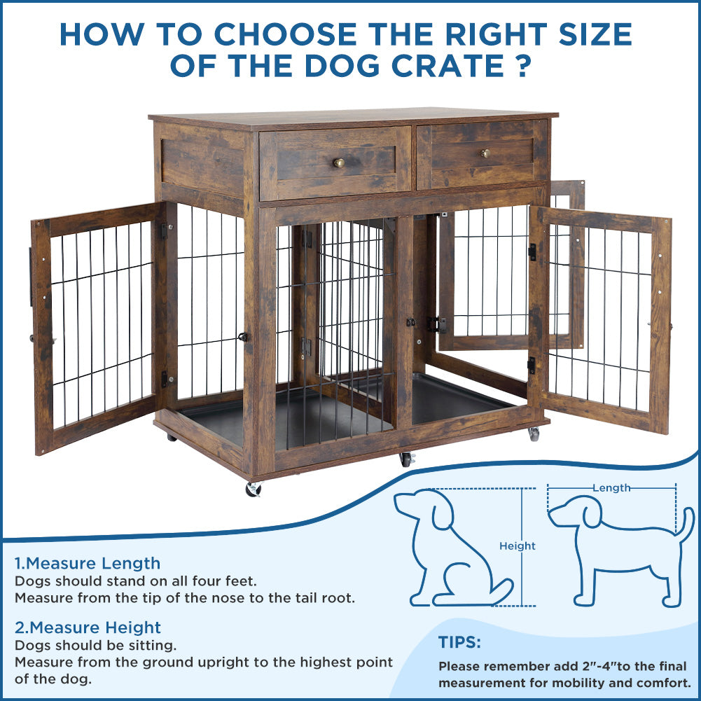 Garvee Dog Crate Furniture with 2 Drawers, Wooden Dog Kennel End Table with Divider and Removable Tray, Double Rooms Dog Cage for 2 Dogs, Brown