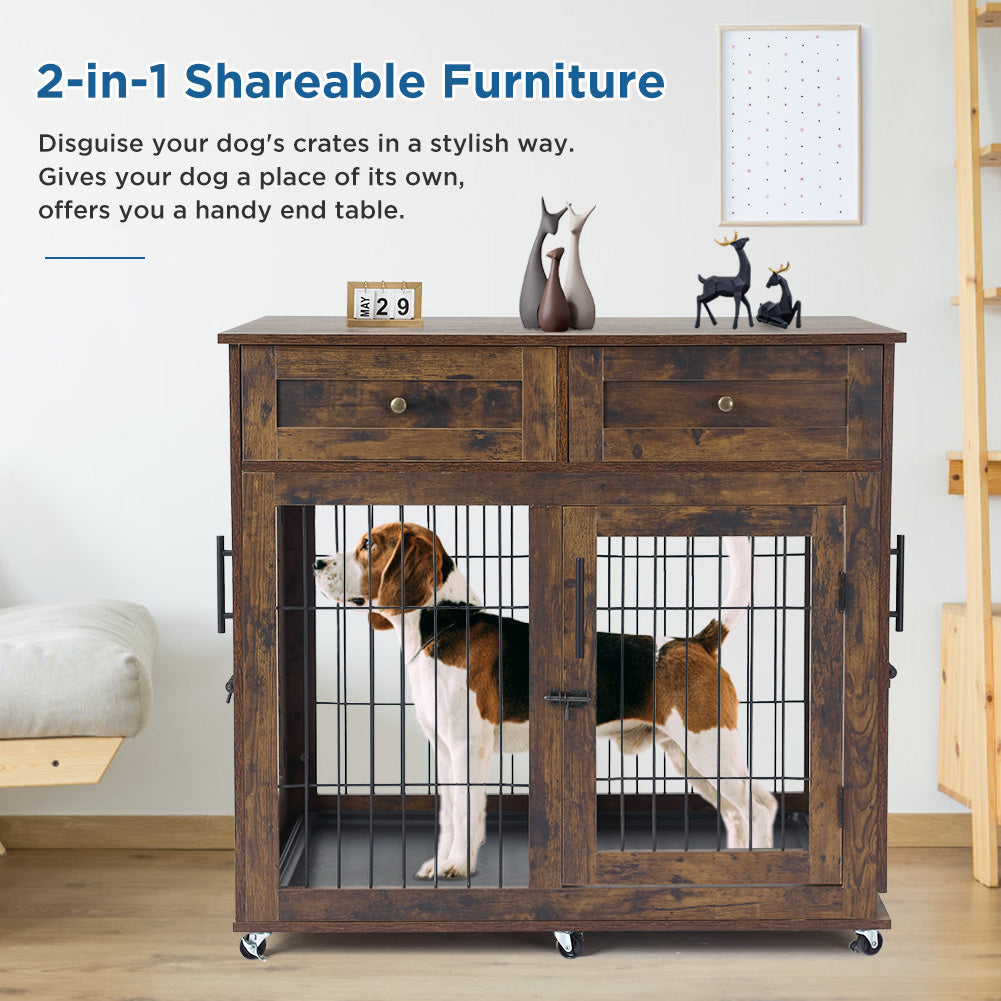 Garvee Dog Crate Furniture with 2 Drawers, Wooden Dog Kennel End Table with Divider and Removable Tray, Double Rooms Dog Cage for 2 Dogs, Brown