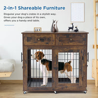 Garvee Dog Crate Furniture with 2 Drawers, Wooden Dog Kennel End Table with Divider and Removable Tray, Double Rooms Dog Cage for 2 Dogs, Brown