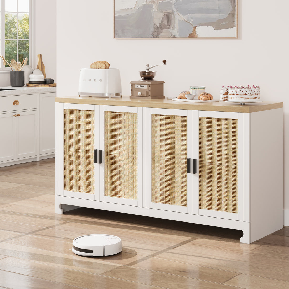 Garvee Buffet Cabinet, Rattan Storage Cabinet with 4 Doors and Shelf, Sideboard Buffet Cabinet with Storage, Accent Cabinet Console for Dining Room, Living Room, Hallway (White)
