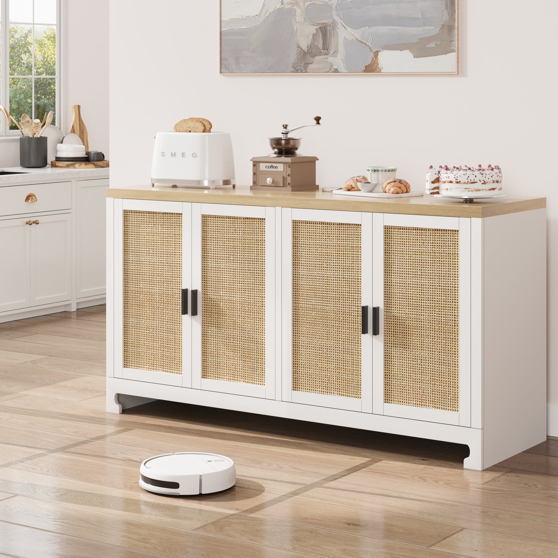 Garvee Buffet Cabinet, Rattan Storage Cabinet with 4 Doors and Shelf, Sideboard Buffet Cabinet with Storage, Accent Cabinet Console for Dining Room, Living Room, Hallway (White)