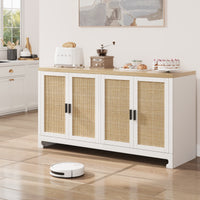 Garvee Buffet Cabinet, Rattan Storage Cabinet with 4 Doors and Shelf, Sideboard Buffet Cabinet with Storage, Accent Cabinet Console for Dining Room, Living Room, Hallway (White)