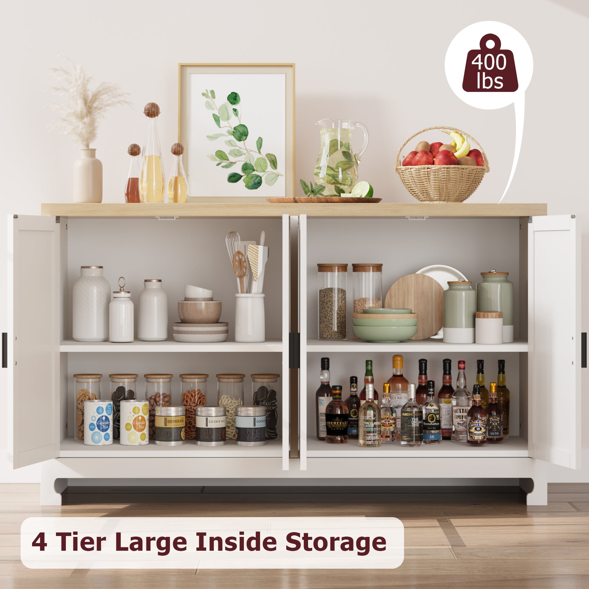 Garvee Buffet Cabinet, Rattan Storage Cabinet with 4 Doors and Shelf, Sideboard Buffet Cabinet with Storage, Accent Cabinet Console for Dining Room, Living Room, Hallway (White)