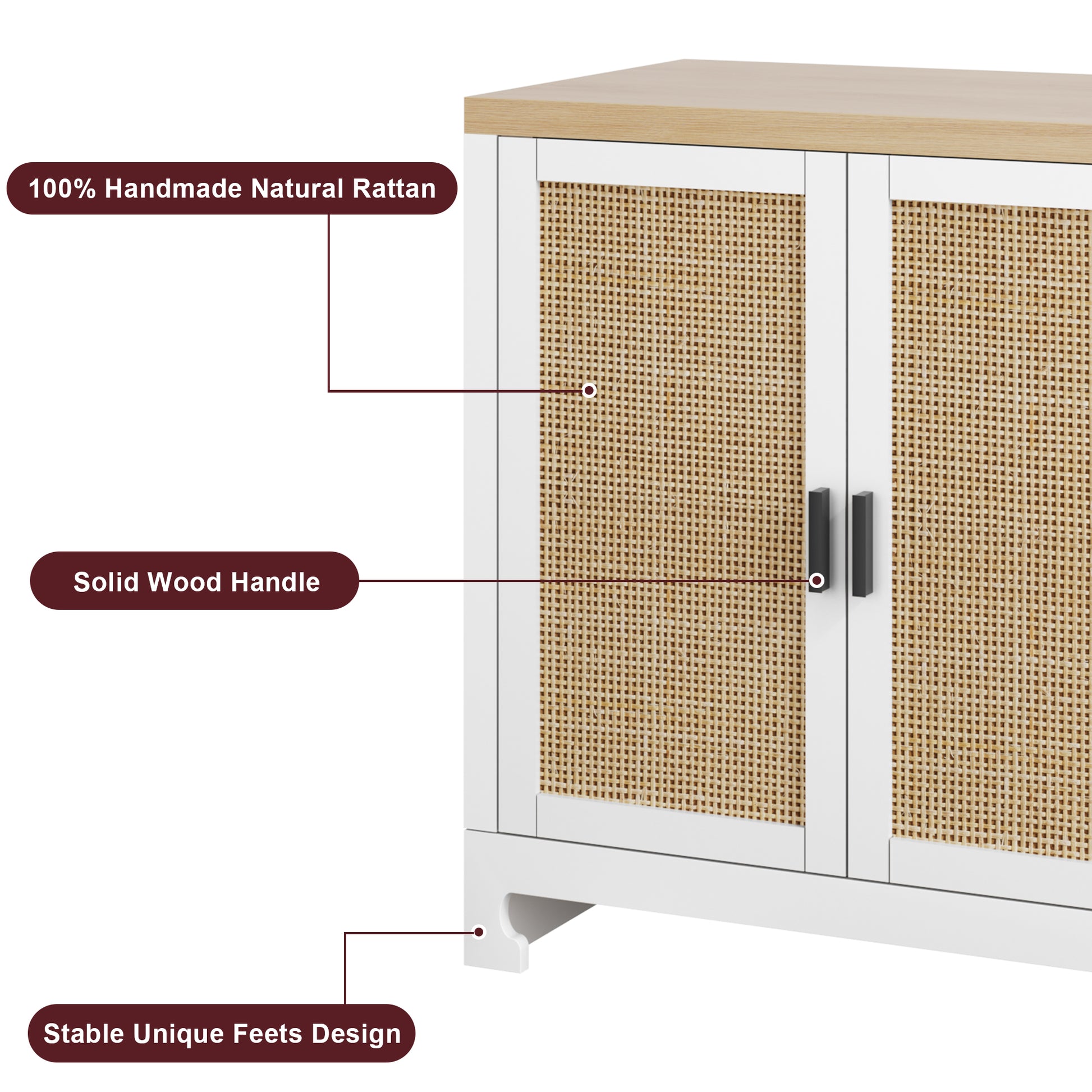 Garvee Buffet Cabinet, Rattan Storage Cabinet with 4 Doors and Shelf, Sideboard Buffet Cabinet with Storage, Accent Cabinet Console for Dining Room, Living Room, Hallway (White)