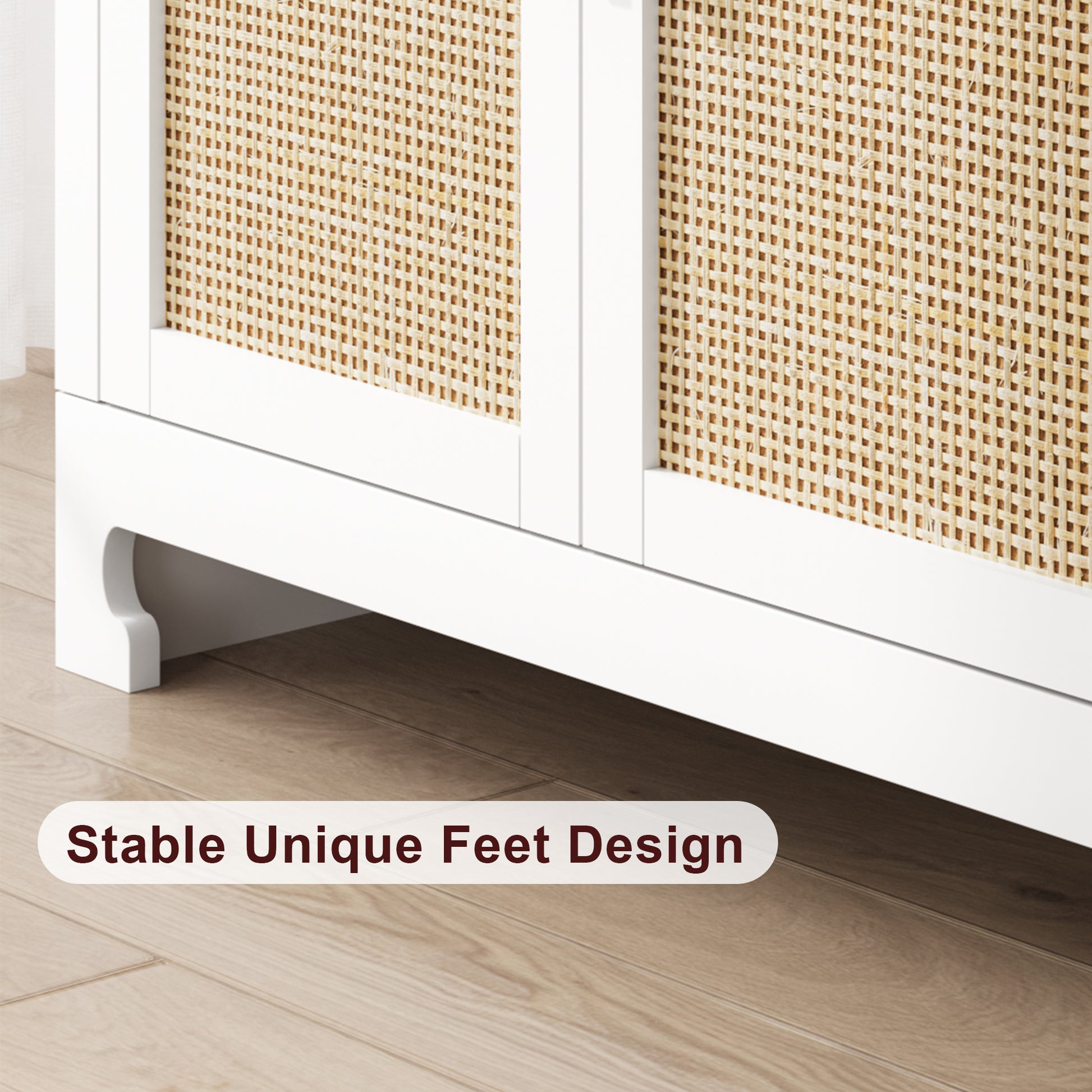 Garvee Buffet Cabinet, Rattan Storage Cabinet with 4 Doors and Shelf, Sideboard Buffet Cabinet with Storage, Accent Cabinet Console for Dining Room, Living Room, Hallway (White)