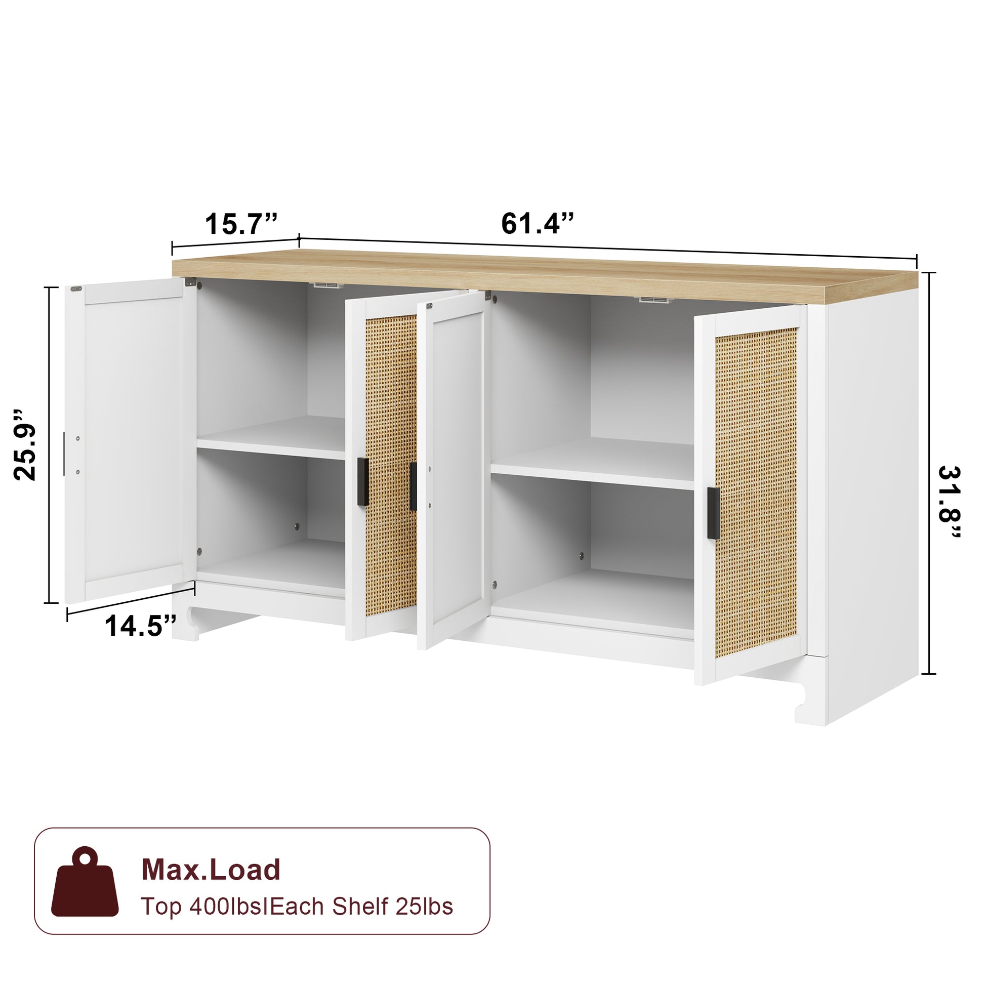 Garvee Buffet Cabinet, Rattan Storage Cabinet with 4 Doors and Shelf, Sideboard Buffet Cabinet with Storage, Accent Cabinet Console for Dining Room, Living Room, Hallway (White)