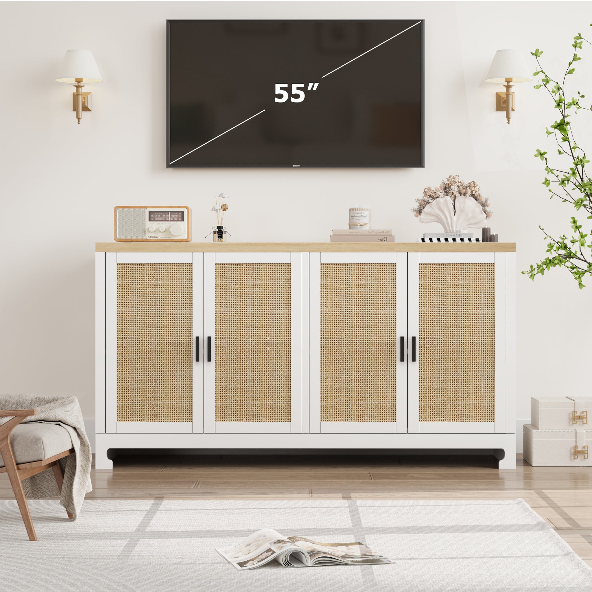 Garvee Buffet Cabinet, Rattan Storage Cabinet with 4 Doors and Shelf, Sideboard Buffet Cabinet with Storage, Accent Cabinet Console for Dining Room, Living Room, Hallway (White)