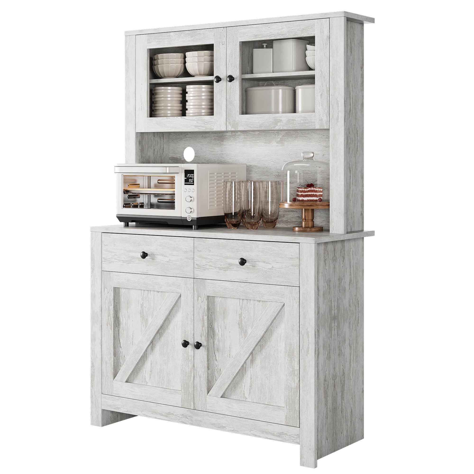 Garvee 41" Kitchen Pantry Cabinet Large Storage Hutch, Grey Wood Buffet Cupboard with 3 Adjustable Shelves & 2 Drawers, Modern Farmhouse China Display Cabinet, Grey