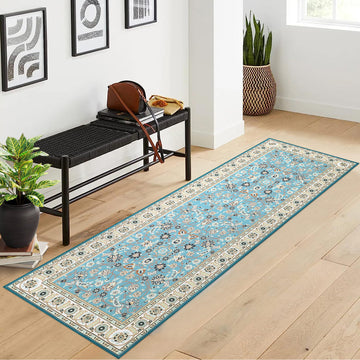 Garvee Runner Rug 2x8 Washable Rug Area Rug Vintage Hallway Indoor Floor Mat Thin Rug Retro Distressed Carpet Blue Floral Country Accent Rug Non Slip Bathroom Kitchen Bedroom Living Room