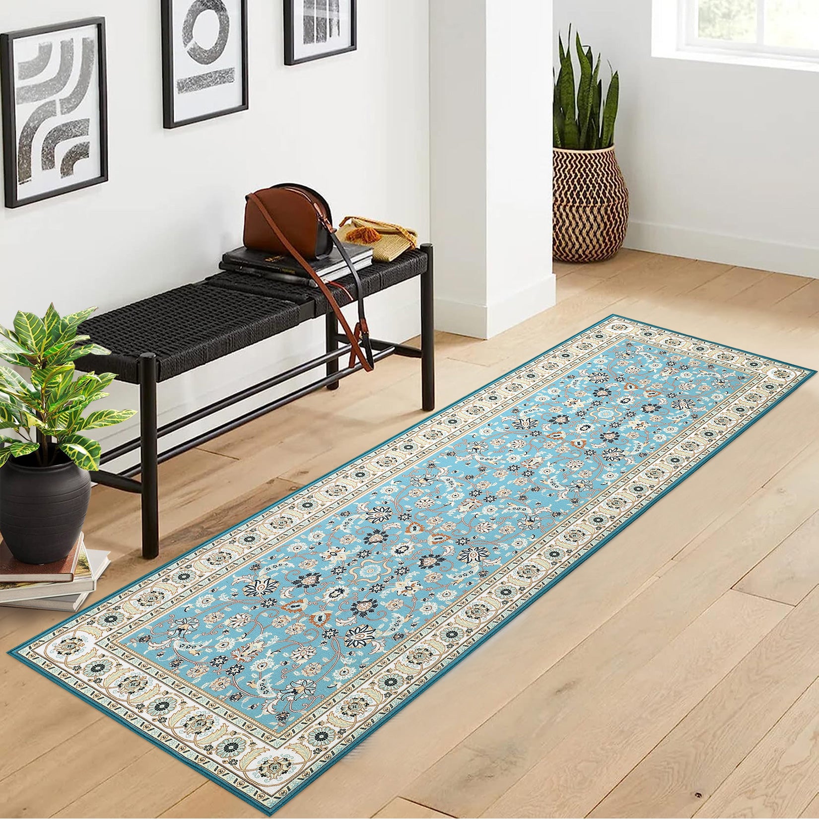 Garvee Runner Rug 2x8 Washable Rug Area Rug Vintage Hallway Indoor Floor Mat Thin Rug Retro Distressed Carpet Blue Floral Country Accent Rug Non Slip Bathroom Kitchen Bedroom Living Room