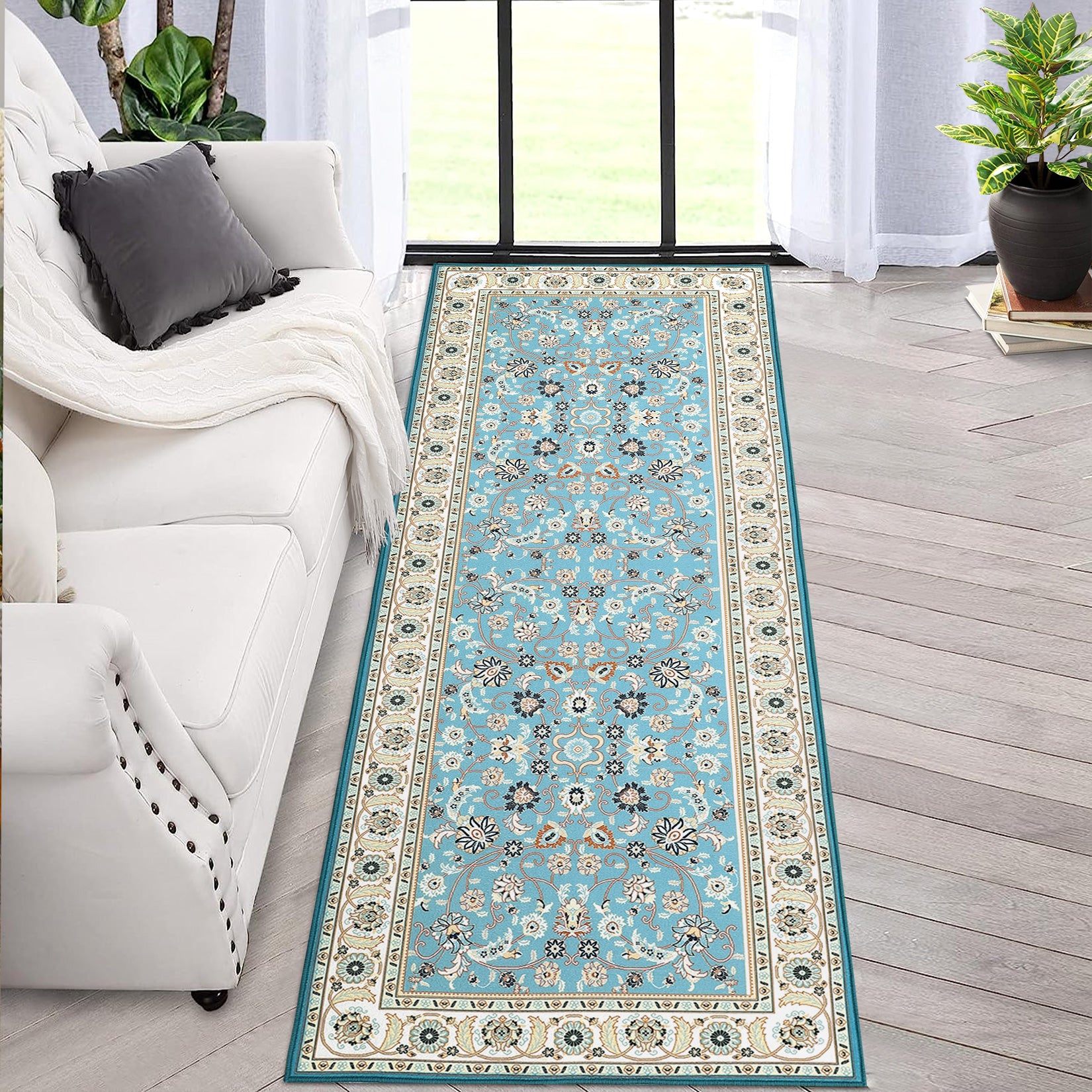 Garvee Runner Rug 2x8 Washable Rug Area Rug Vintage Hallway Indoor Floor Mat Thin Rug Retro Distressed Carpet Blue Floral Country Accent Rug Non Slip Bathroom Kitchen Bedroom Living Room