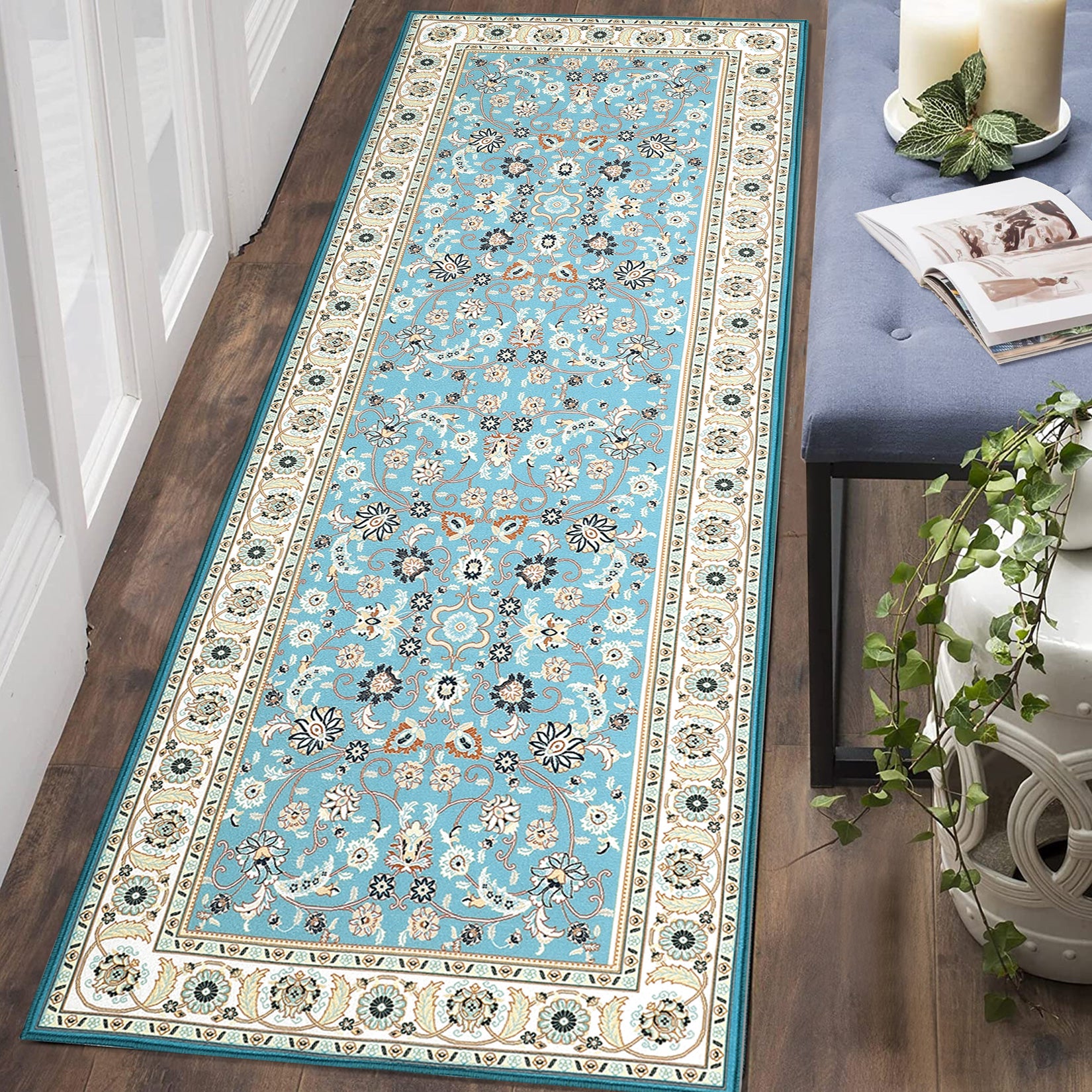 Garvee Runner Rug 2x8 Washable Rug Area Rug Vintage Hallway Indoor Floor Mat Thin Rug Retro Distressed Carpet Blue Floral Country Accent Rug Non Slip Bathroom Kitchen Bedroom Living Room