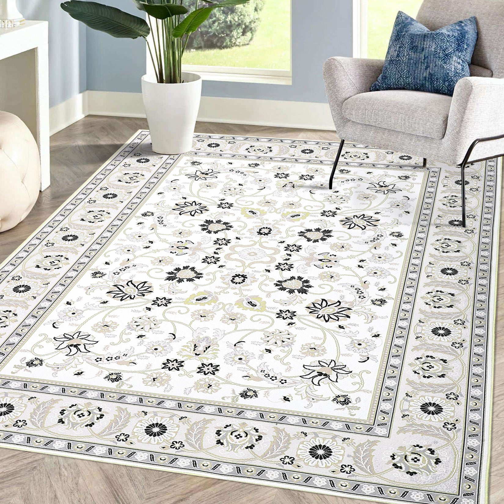 Garvee Washable Rugs Ivory/Black 4x6 Rug Boho Rug for Living Room Bedroom Decor Oriental Vintage Carpet Non Skip Floor Mats Distressed Rug for Classroom Nursery Dining Room Office