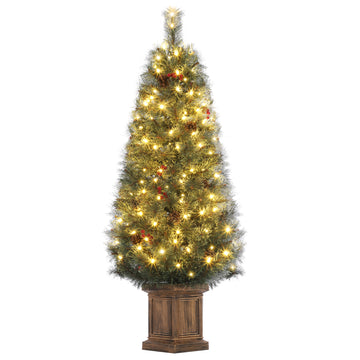 Garvee 4.5ft Christmas Tree, Artificial Pine Xams Tree with 100 Warm White LED Lights, Pine Cones & Red Berries, Potted Rustic Stand, Home & Office Decoration