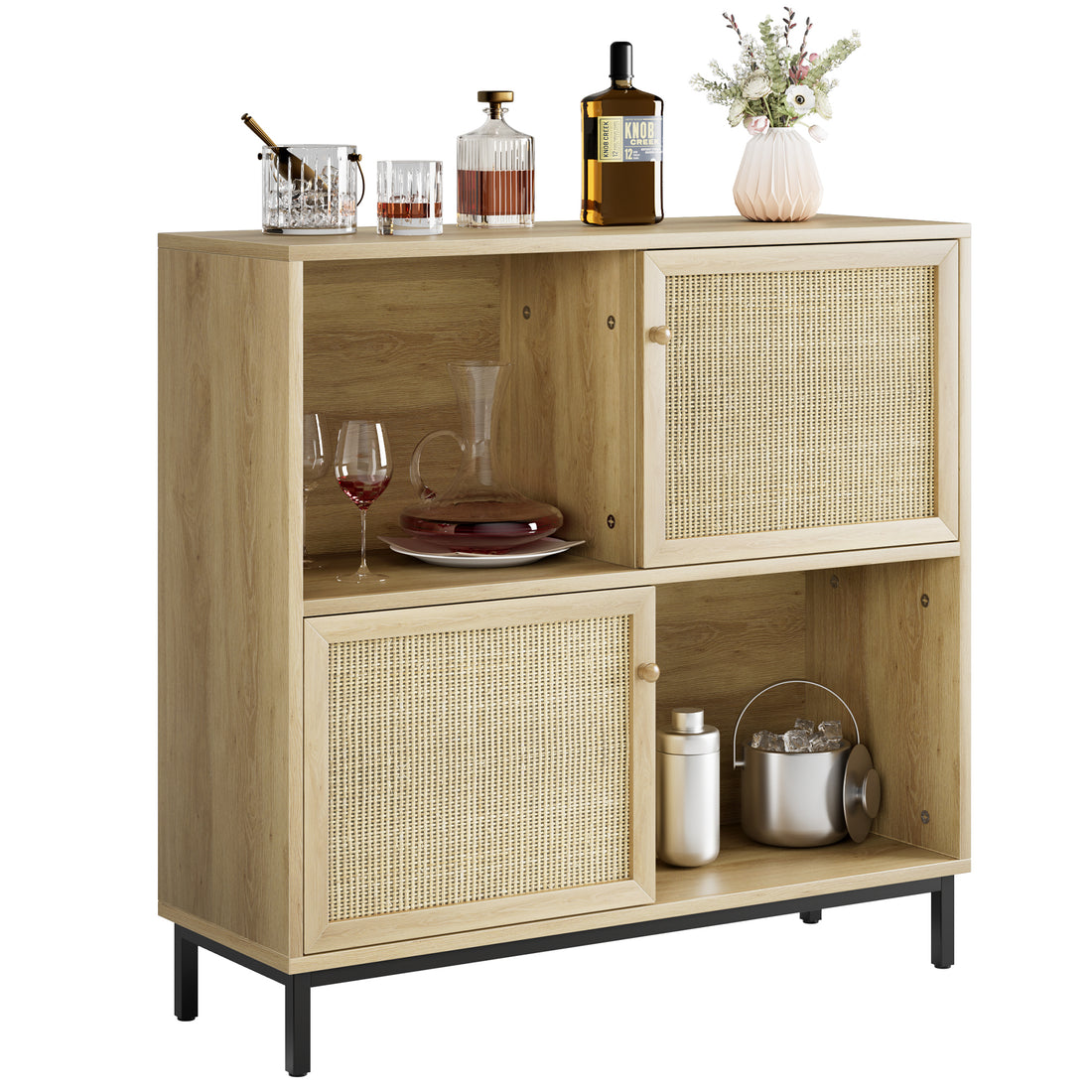 Coffee Bar Cabinet, Rattan Buffet Cabinet with Storage, Wood Sideboard Cabinet with Sliding Door, Accent Cabinet for Kitchen, Dining Room, Living Room, Entryway