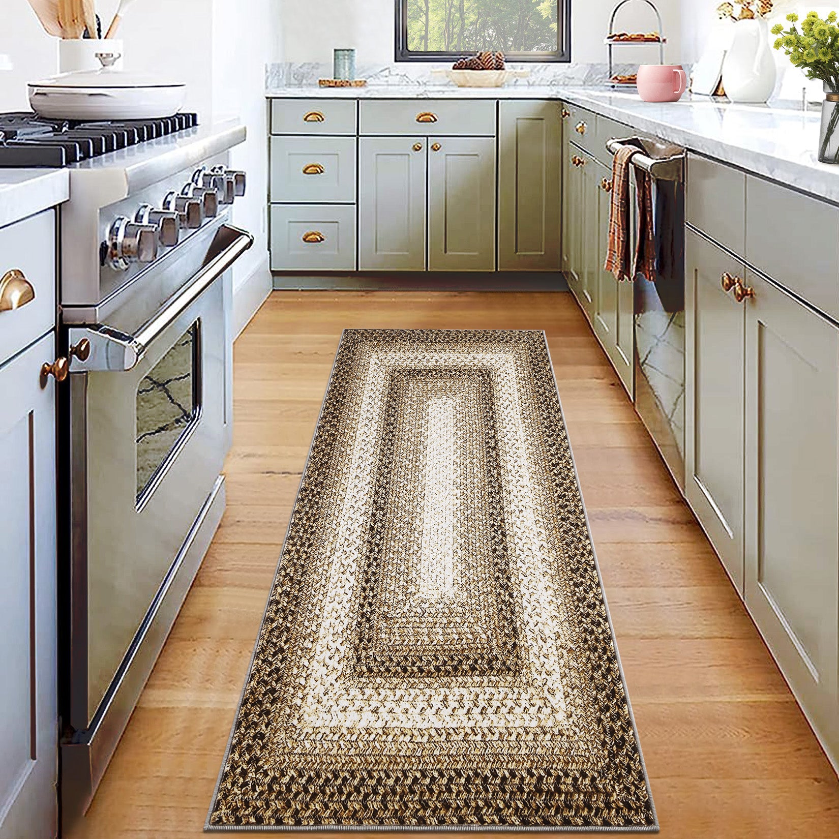 Garvee Bordered Taupe 2x6 Hallway Runner Rug, Braided Printed Runner Rug Washable Rug Boho Runner Rug Modern Geometric Rug Rustic Floor Cover Runner for Entryway Laundry Living Room Bedroom Kitchen