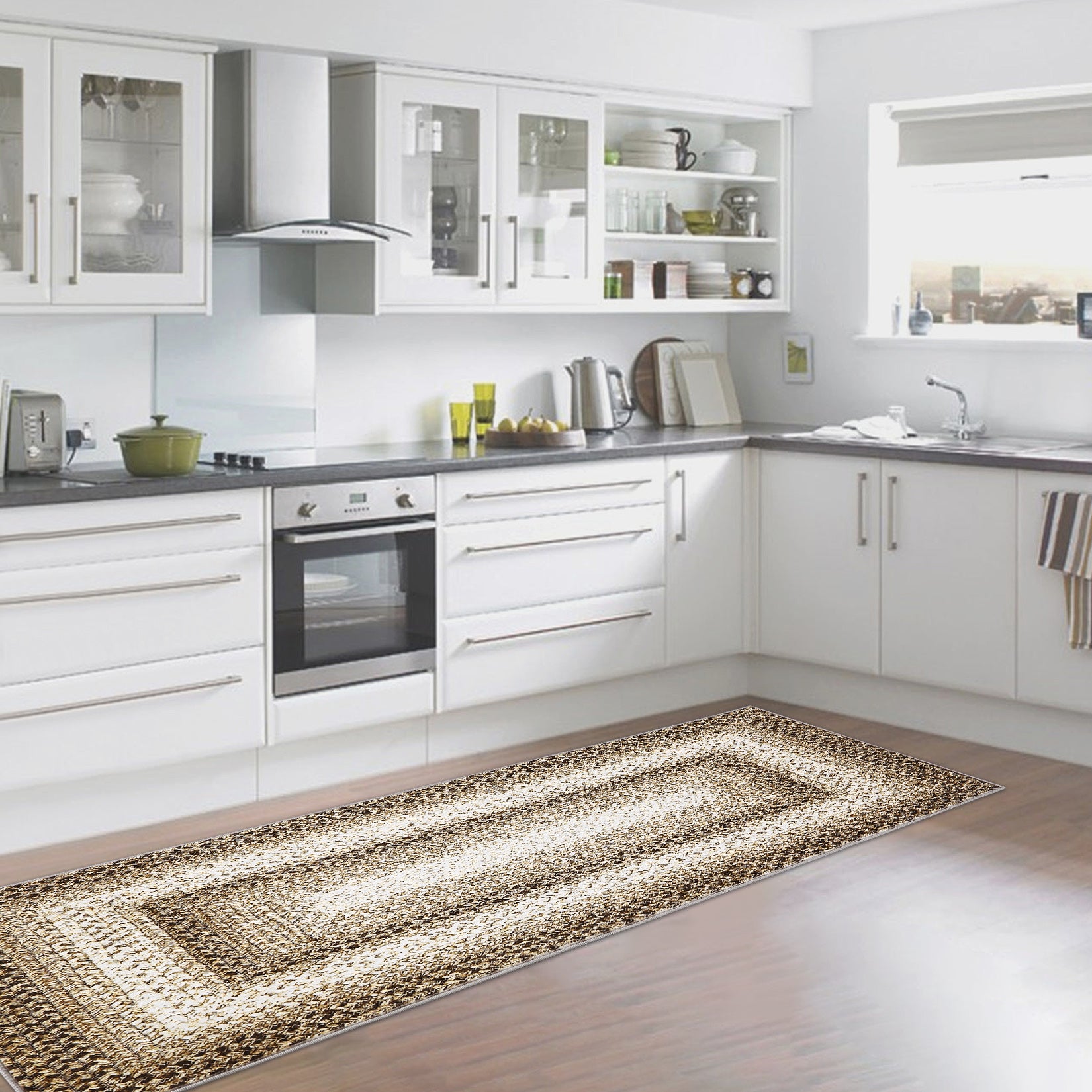 Garvee Bordered Taupe 2x6 Hallway Runner Rug, Braided Printed Runner Rug Washable Rug Boho Runner Rug Modern Geometric Rug Rustic Floor Cover Runner for Entryway Laundry Living Room Bedroom Kitchen