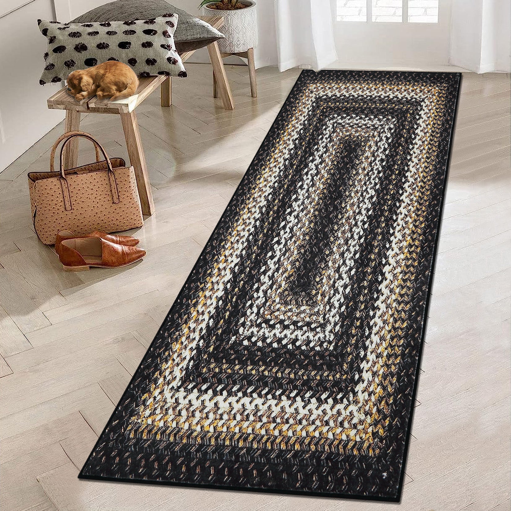 Garvee Bordered Black Multi 2x6 Hallway Runner Rug Braided Printed Runner Rug Washable Rug Boho Runner Rug Modern Geometric Rug Rustic Floor Cover Runner for Entryway Laundry Living Room Bedroom Kitchen