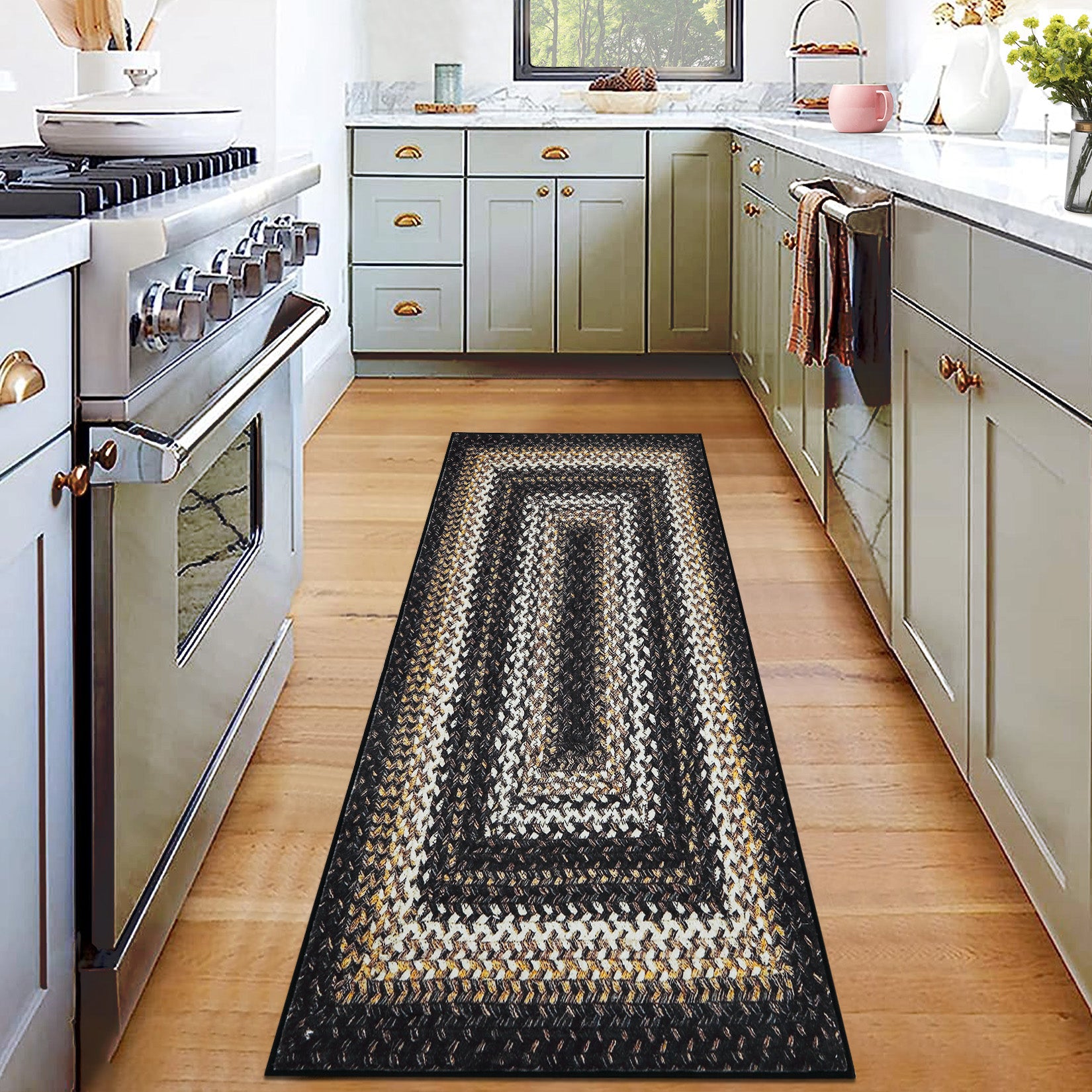 Garvee Bordered Black Multi 2x6 Hallway Runner Rug Braided Printed Runner Rug Washable Rug Boho Runner Rug Modern Geometric Rug Rustic Floor Cover Runner for Entryway Laundry Living Room Bedroom Kitchen