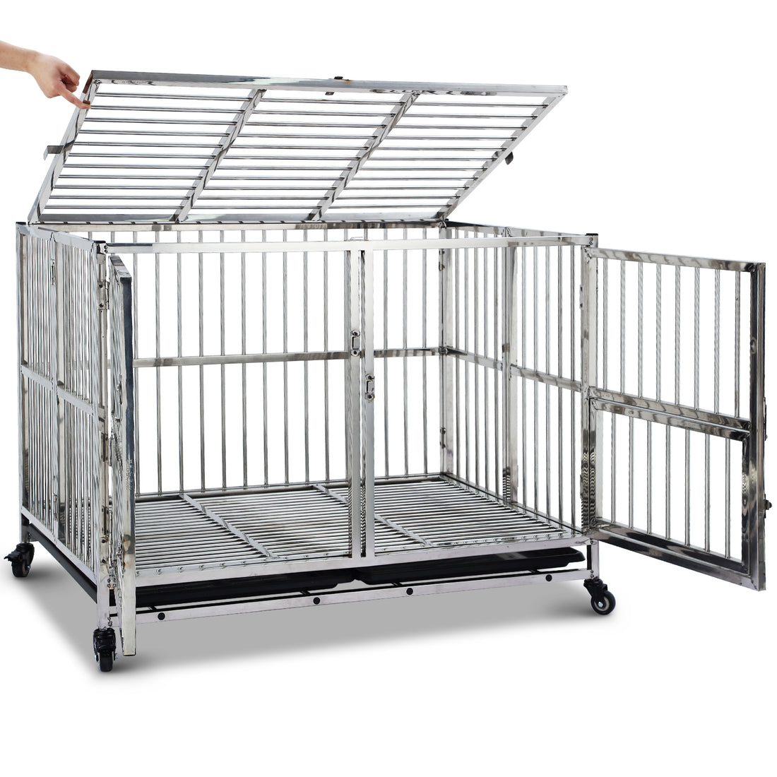 Garvee 48" Heavy Duty Dog Crate Cage Kennel with Wheels, Full Stainless Steel High Anxiety Indestructible Dog Crate, Sturdy Locks Design, Double Door Small Door Design & Removable Tray Design (Silver)