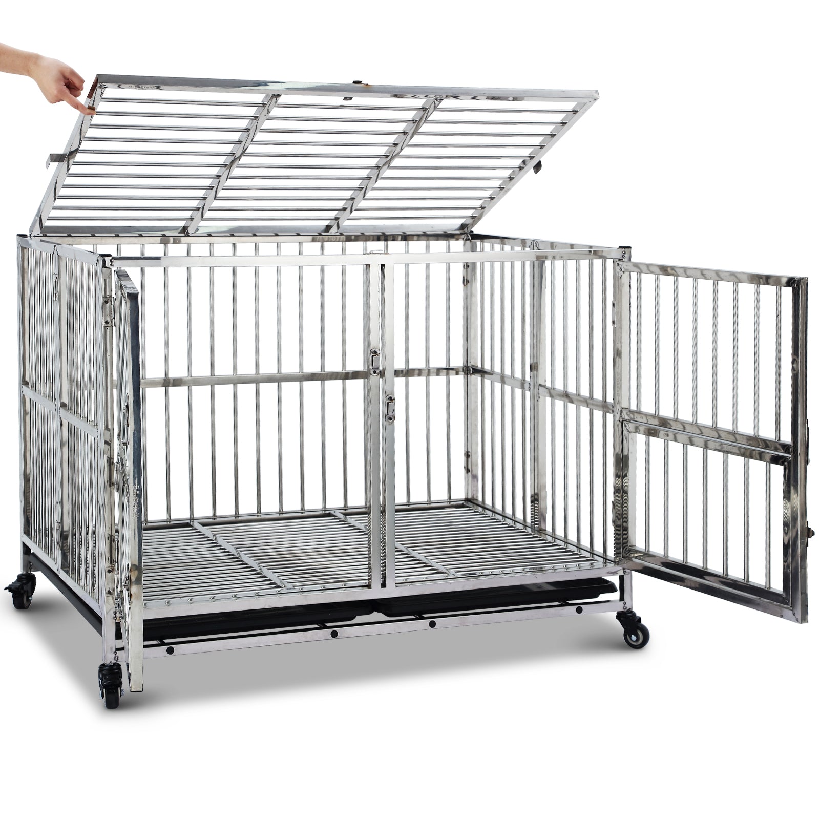 Garvee 48" Heavy Duty Dog Crate Cage Kennel with Wheels, Full Stainless Steel High Anxiety Indestructible Dog Crate, Sturdy Locks Design, Double Door Small Door Design & Removable Tray Design (Silver)