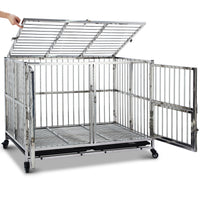 Garvee 48" Heavy Duty Dog Crate Cage Kennel with Wheels, Full Stainless Steel High Anxiety Indestructible Dog Crate, Sturdy Locks Design, Double Door Small Door Design & Removable Tray Design (Silver)