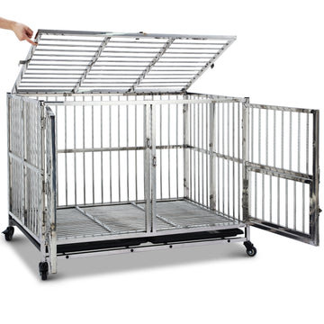 Garvee 48" Heavy Duty Dog Crate Cage Kennel with Wheels, Full Stainless Steel High Anxiety Indestructible Dog Crate, Sturdy Locks Design, Double Door Small Door Design & Removable Tray Design (Silver)