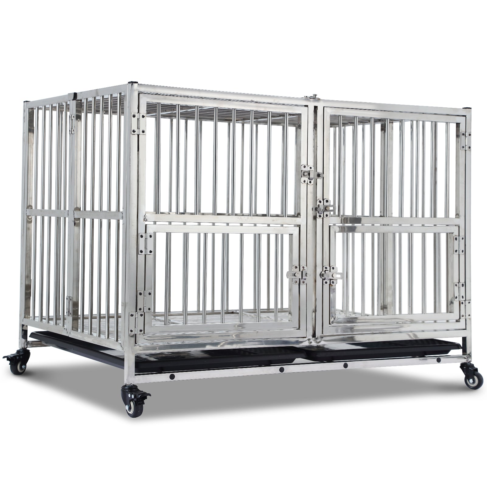 Garvee 48" Heavy Duty Dog Crate Cage Kennel with Wheels, Full Stainless Steel High Anxiety Indestructible Dog Crate, Sturdy Locks Design, Double Door Small Door Design & Removable Tray Design (Silver)