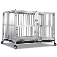Garvee 48" Heavy Duty Dog Crate Cage Kennel with Wheels, Full Stainless Steel High Anxiety Indestructible Dog Crate, Sturdy Locks Design, Double Door Small Door Design & Removable Tray Design (Silver)