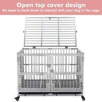 Garvee 48" Heavy Duty Dog Crate Cage Kennel with Wheels, Full Stainless Steel High Anxiety Indestructible Dog Crate, Sturdy Locks Design, Double Door Small Door Design & Removable Tray Design (Silver)