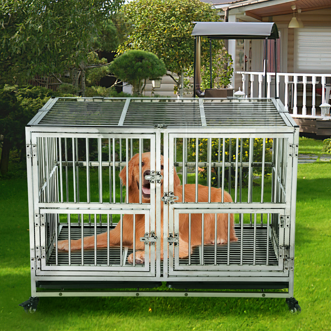 Garvee 48" Heavy Duty Dog Crate Cage Kennel with Wheels, Full Stainless Steel High Anxiety Indestructible Dog Crate, Sturdy Locks Design, Double Door Small Door Design & Removable Tray Design (Silver)