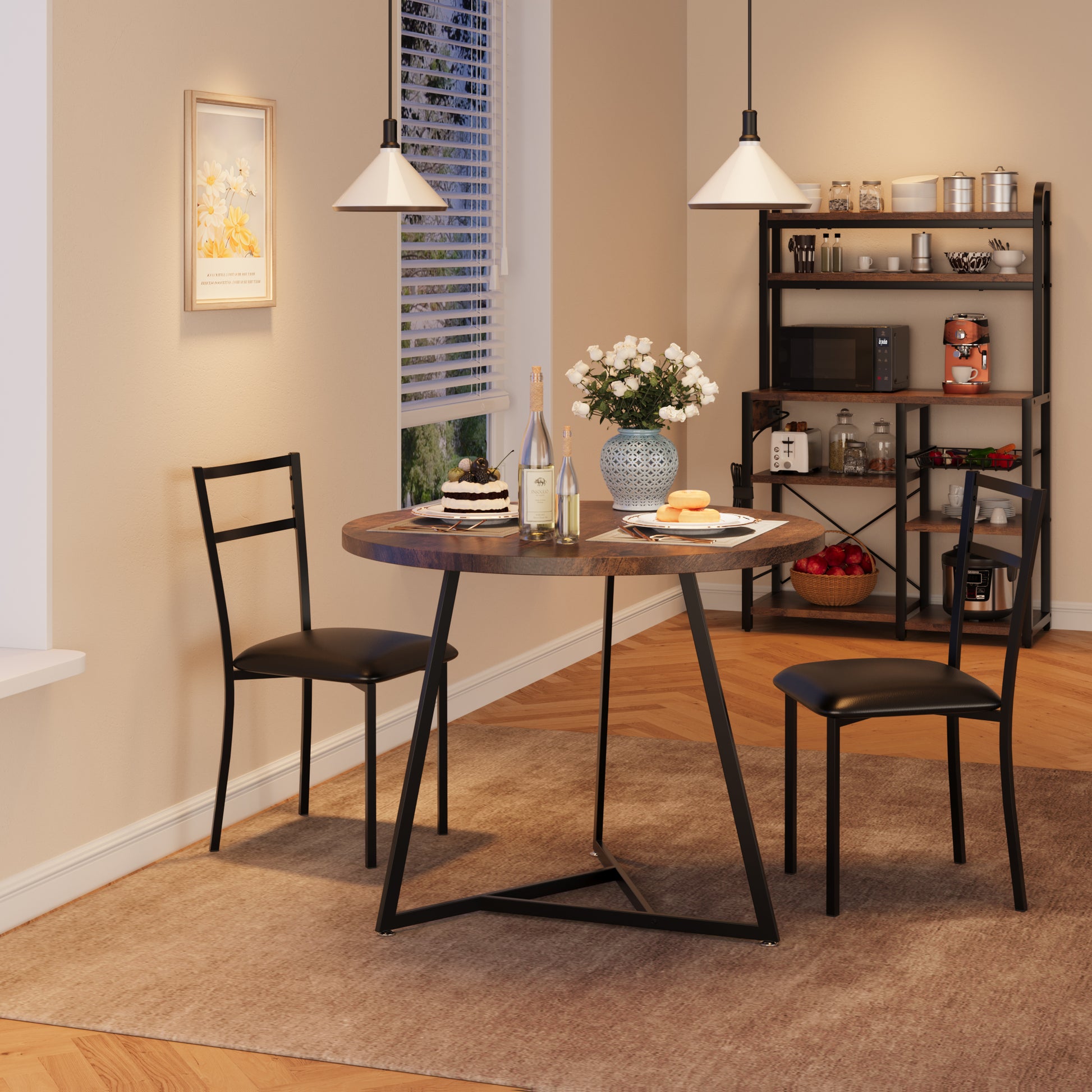 Garvee Round Dining Table Set for 2, Modern Kitchen Table Chairs Set of 2, Small Dining Room Table Set with 2 Upholstered Chairs, Furniture Set Dinette for Small Place, Apartment(Brown)